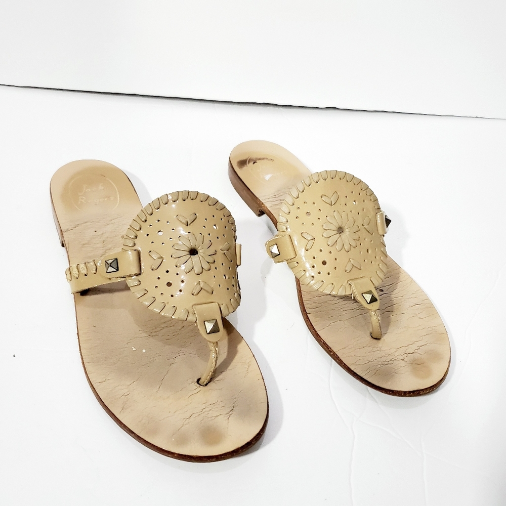 Jack Rogers Beige Leather Thong Sandals with Stud Accents